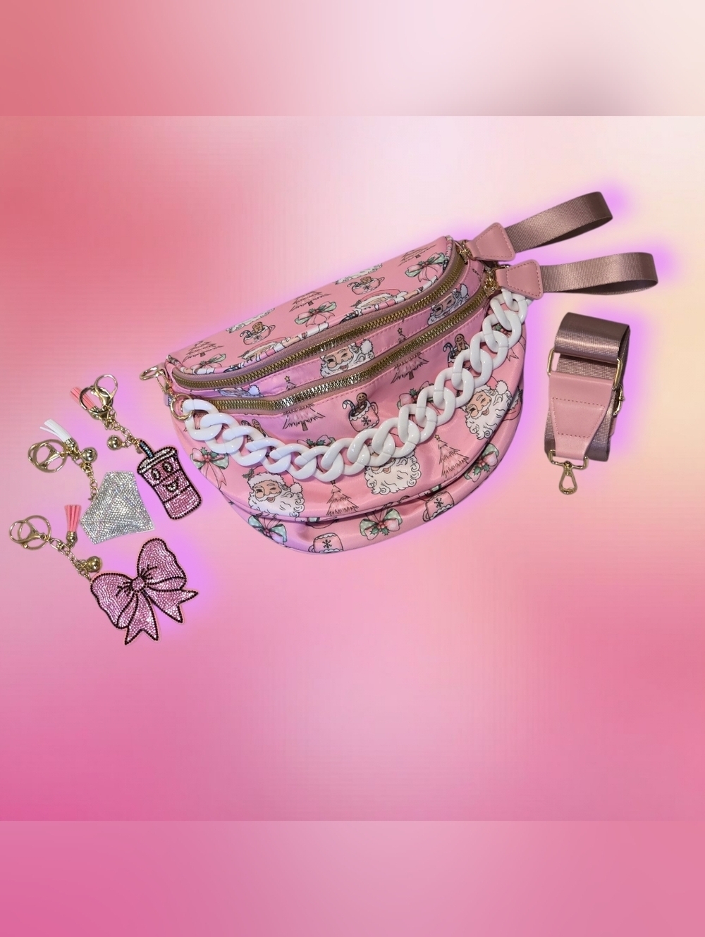 Bum Bag Bundle | Pink Christmas Nylon Crossbody +Acrylic Chain & 3 Bag Charms